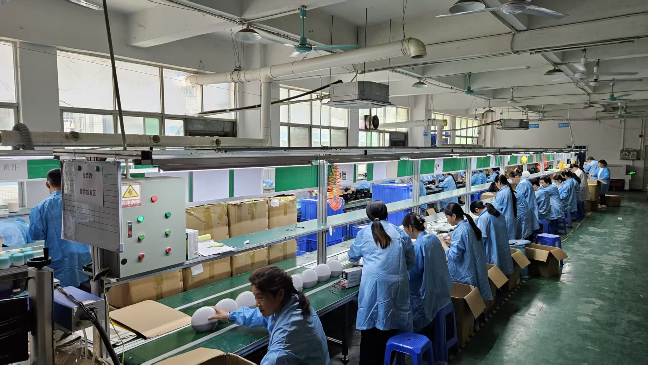 Production line overview with assembly work in progress