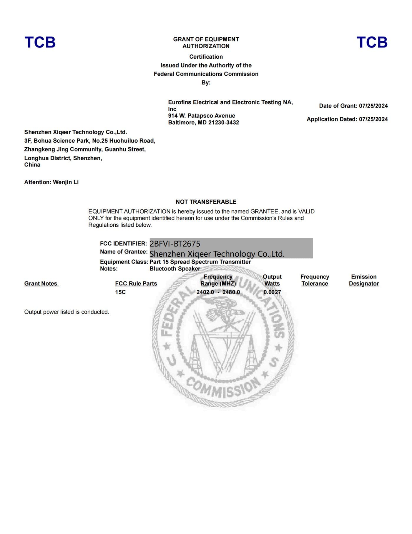 BT2675 FCC equipment authorisation (grant) | FCC grant document
