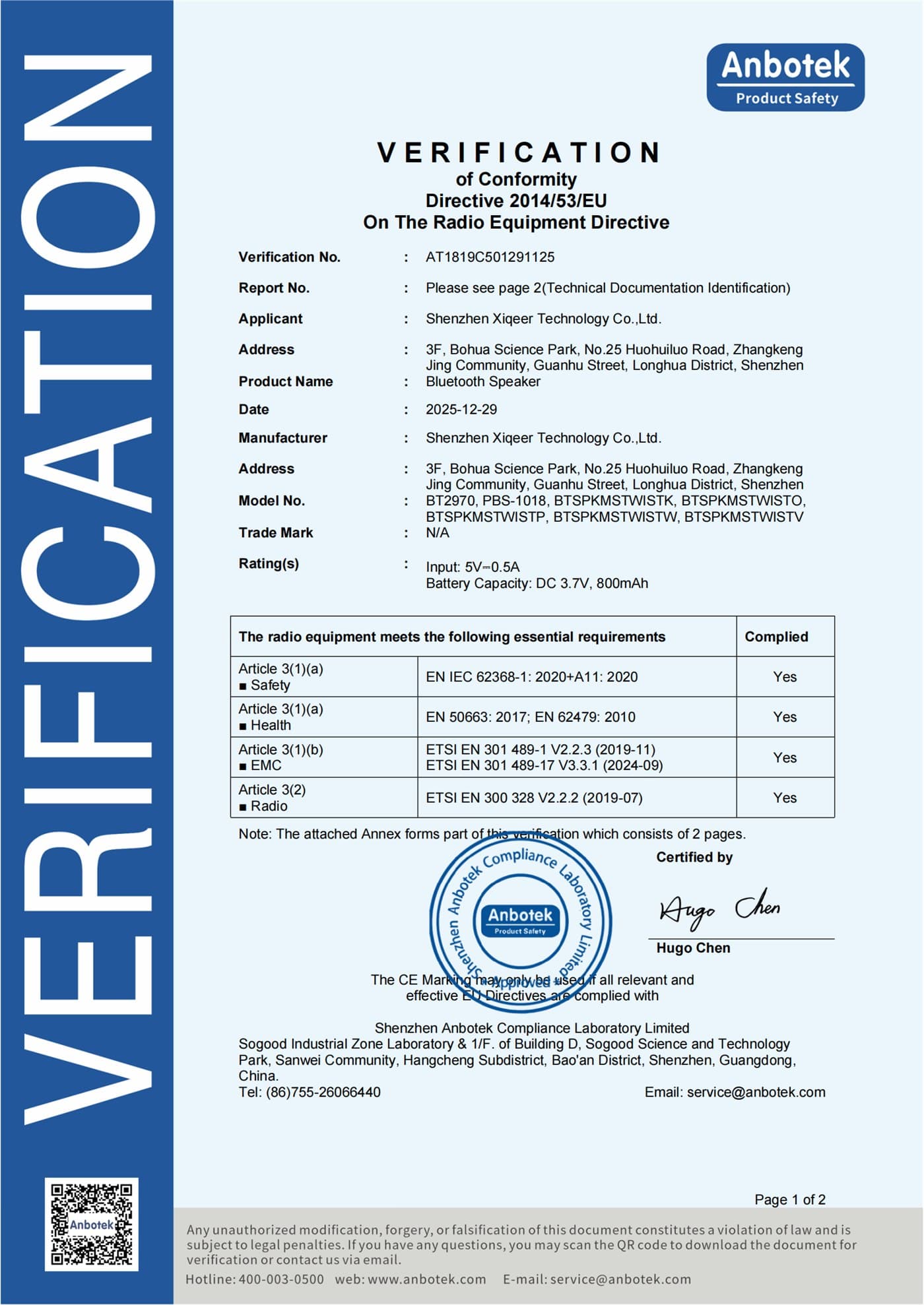 BT2970 CE-RED verification certificate | Certificate first page