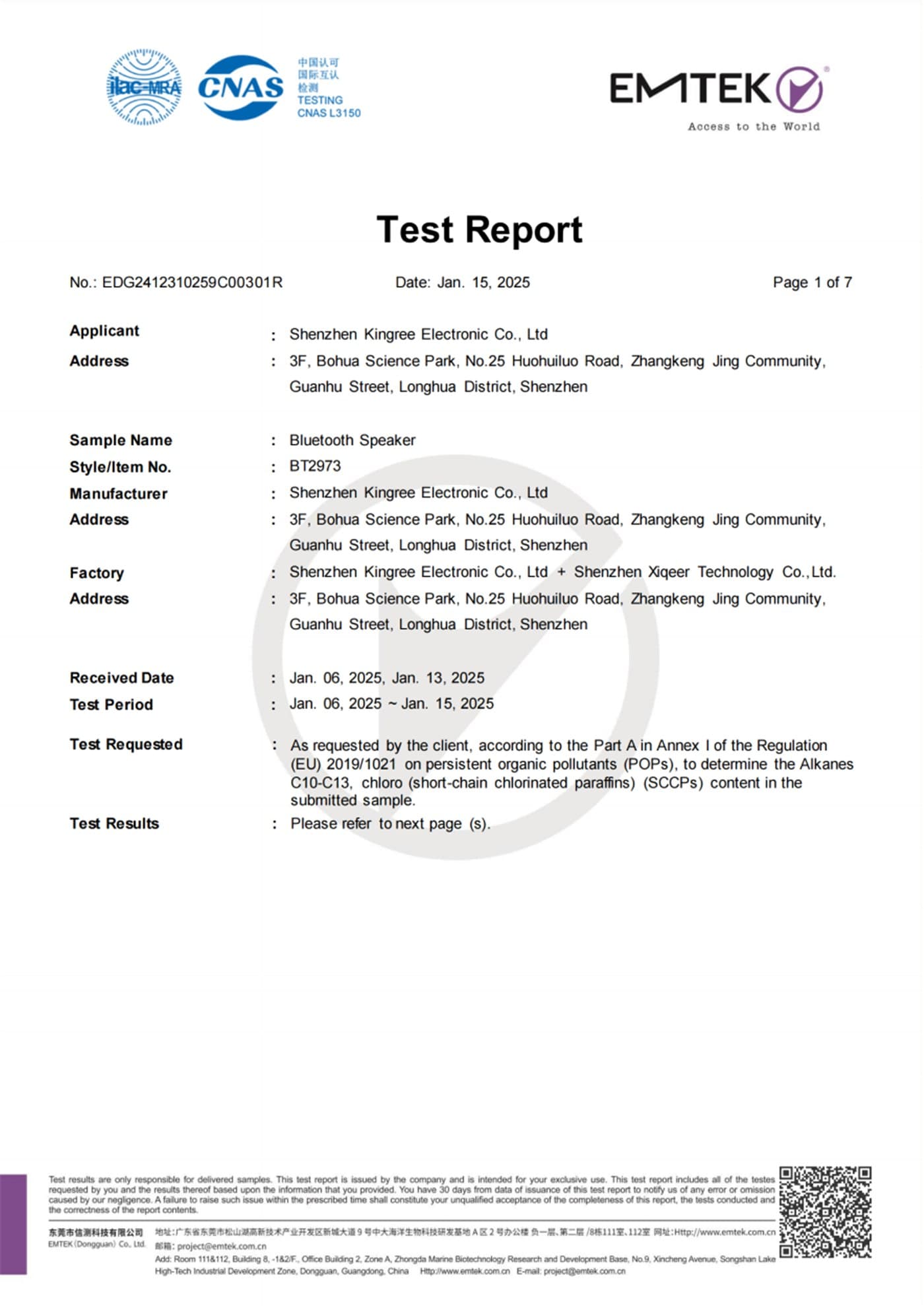 BT2973 POPs / SCCP test report | Report cover (page 1)